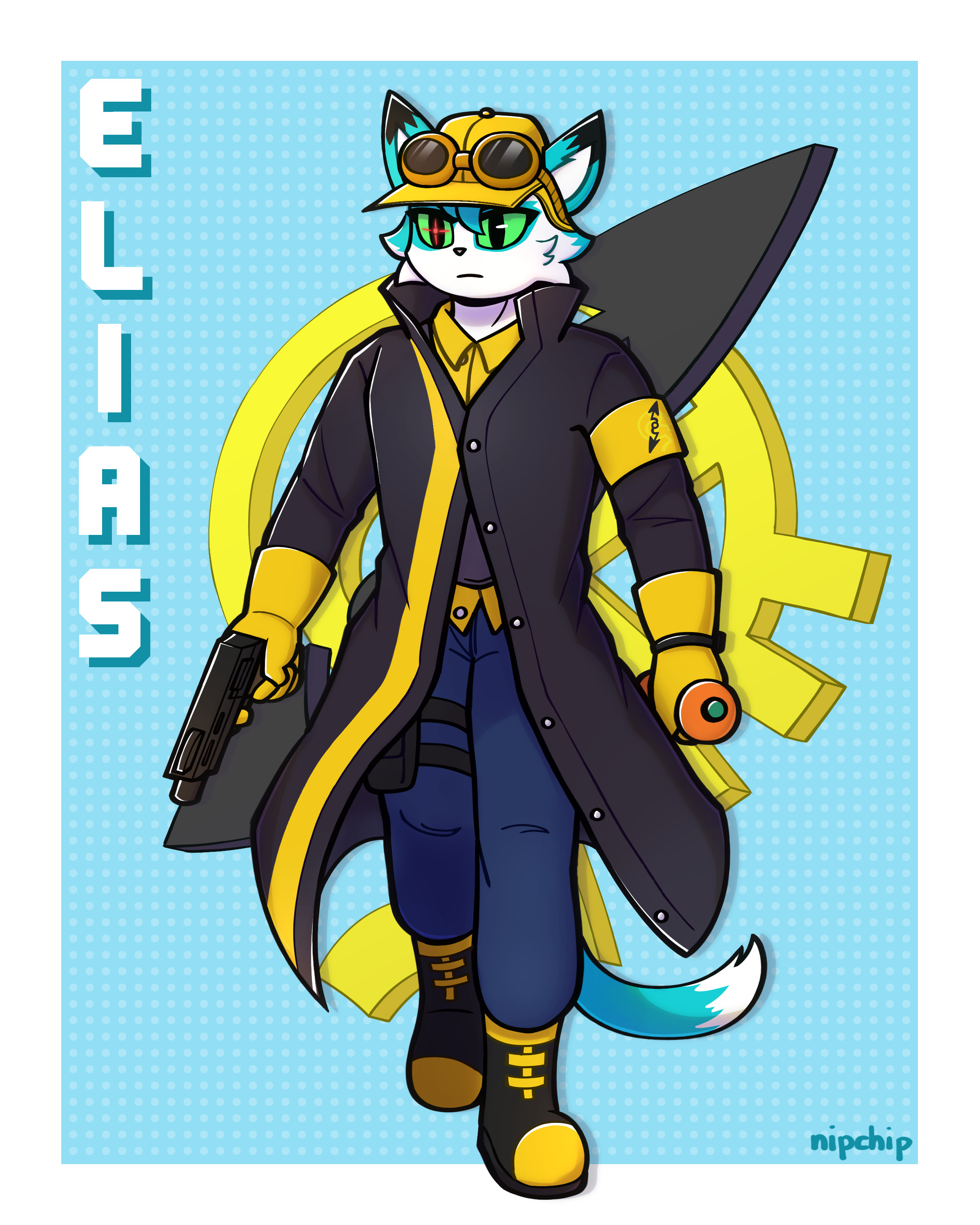 Full body of Elias, a sky blue and white furred Time Sweeper, wearing a dark grey and yellow coat, and yellow hat and gloves. He is holding a pistol in one hand and an orange soda bottle in the other. Behind him is a dark grey and yellow Time Factory emblem.